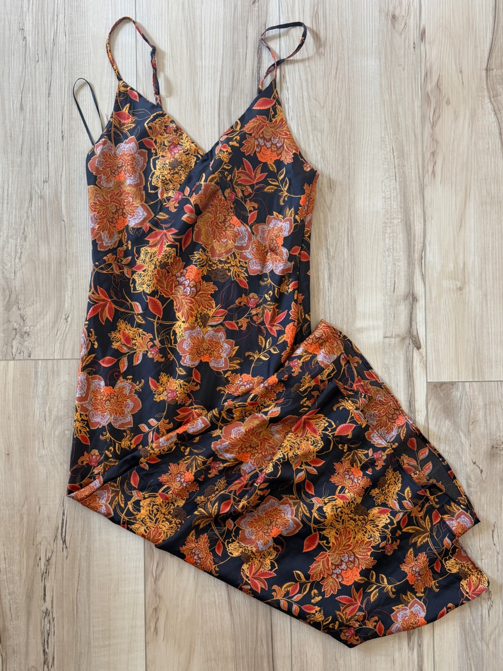 Black Floral Satin Dress with Orange and Gold Blooms